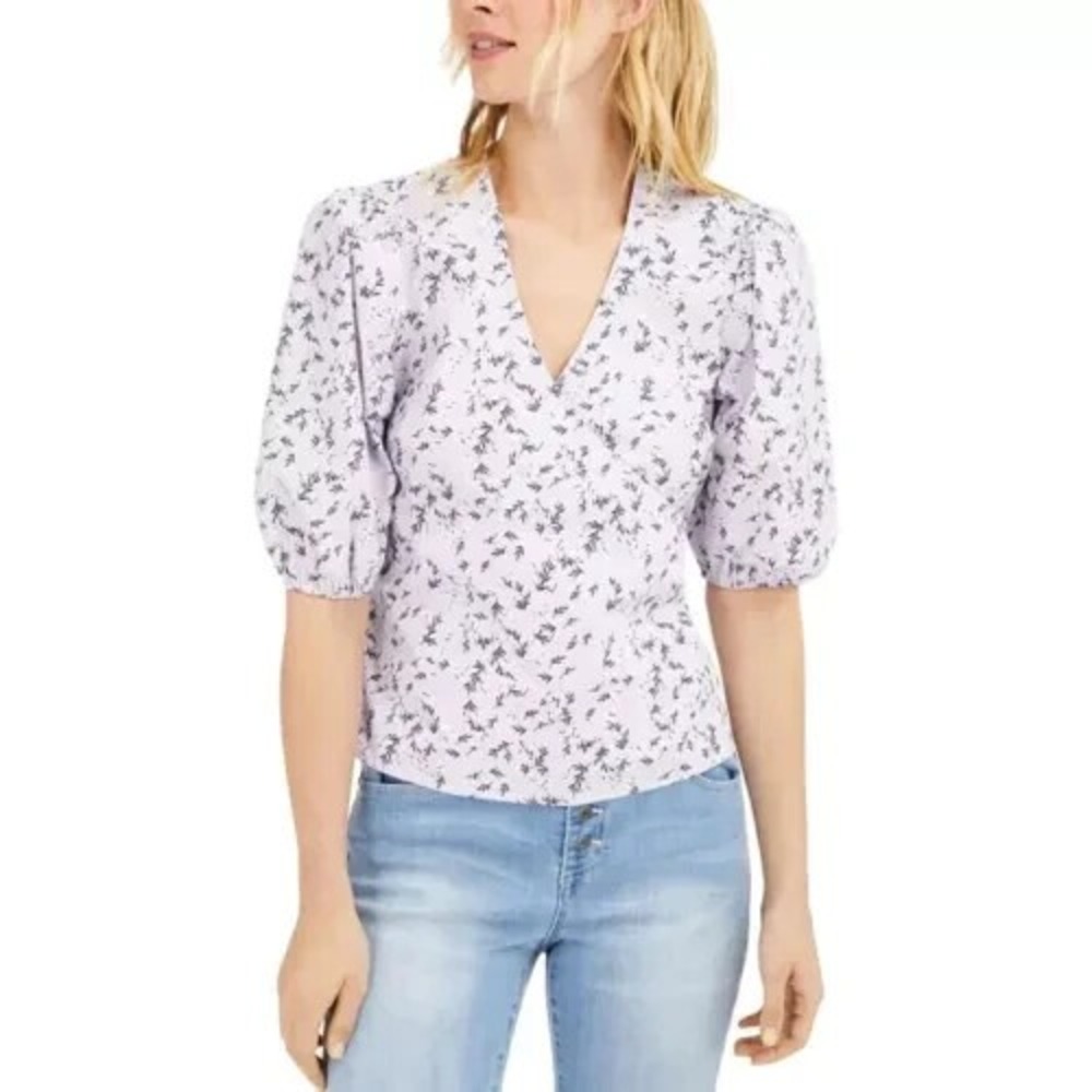 INC International Concepts $60‎ Puff Sleeve Faux Wrap Purple Cotton Top Sz L